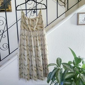 FOSSIL Feather Print Mesh Dress Lined Spaghetti Strap Size 6.